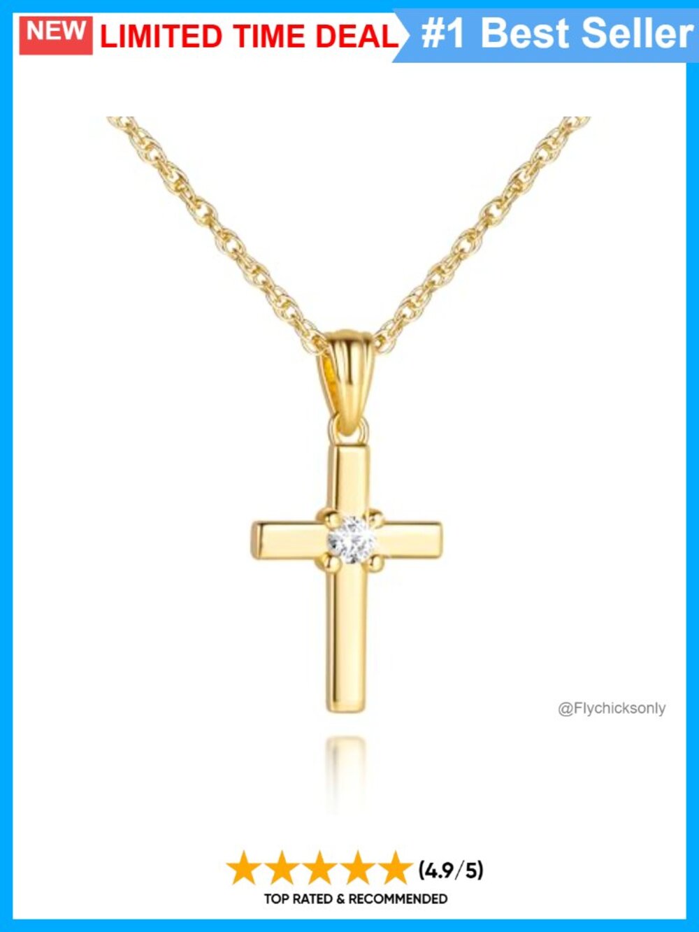 14K Gold Plated Cross Necklace 20mm CZ Rope Chain 18in